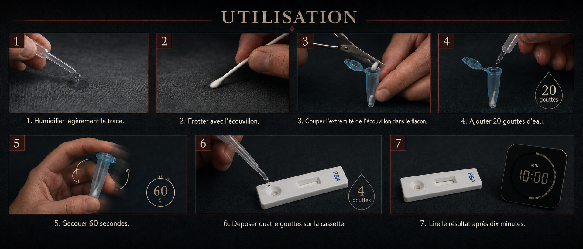 Tutoriel illustré en sept étapes : humidifier la trace, prélever avec l’écouvillon, placer l’extrémité dans le flacon, ajouter vingt gouttes d’eau, secouer soixante secondes, déposer quatre gouttes sur la cassette et lire après dix minutes.